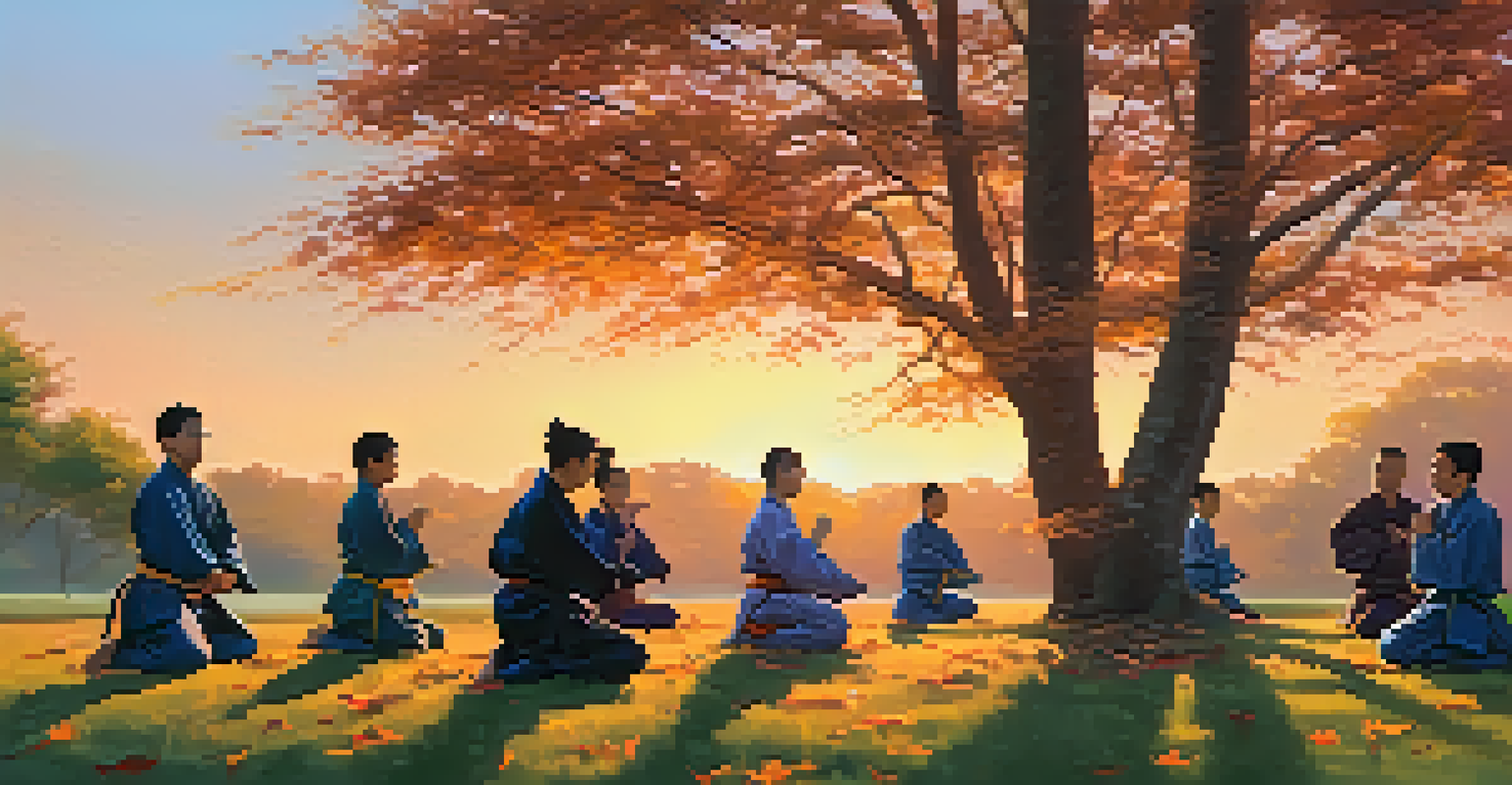 A group of martial artists practicing mindfulness outdoors during sunset, with vibrant colors in the sky and focused expressions.
