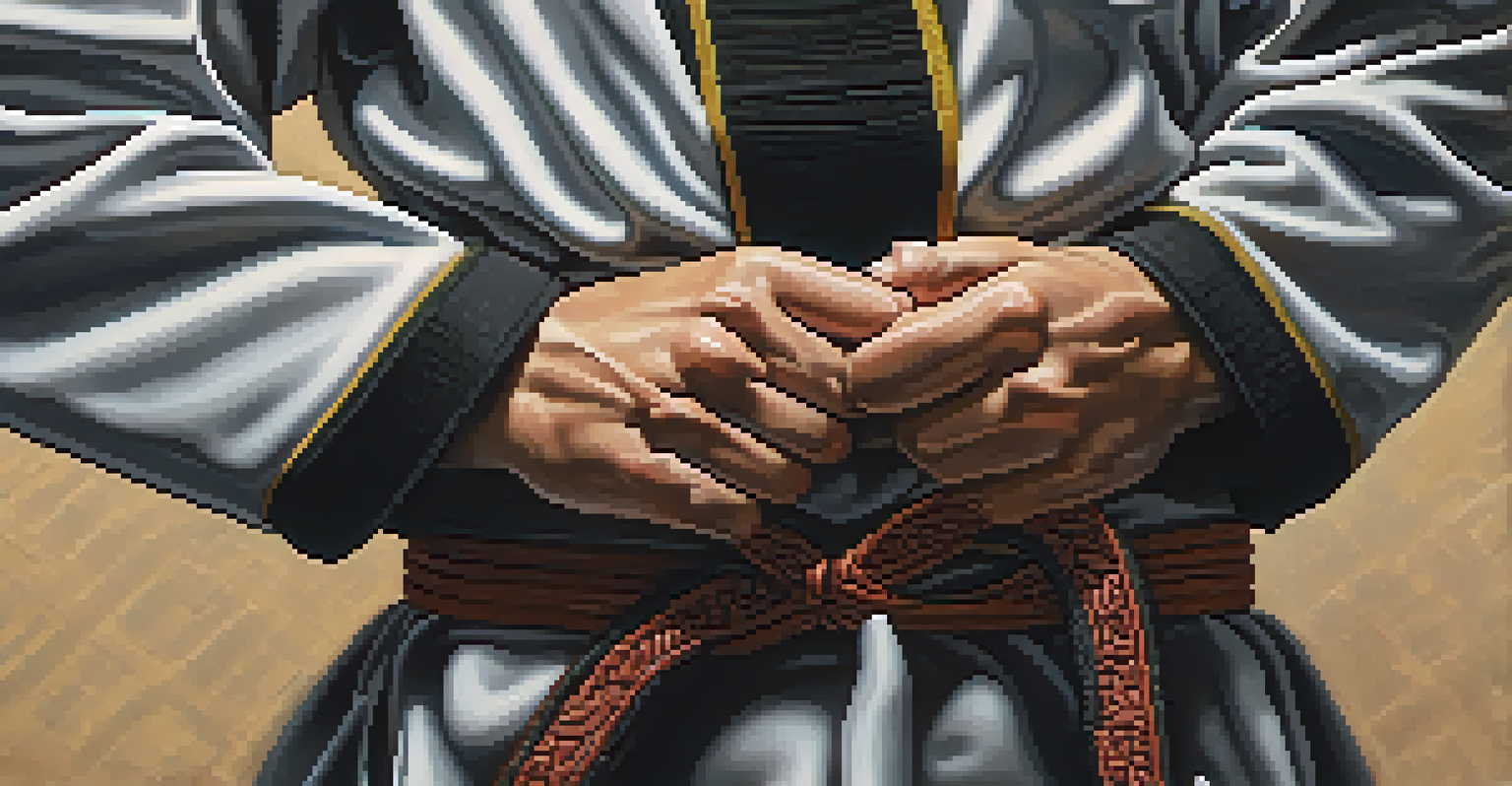 Close-up of a martial artist tying their belt, highlighting the details of the fabric and knots.