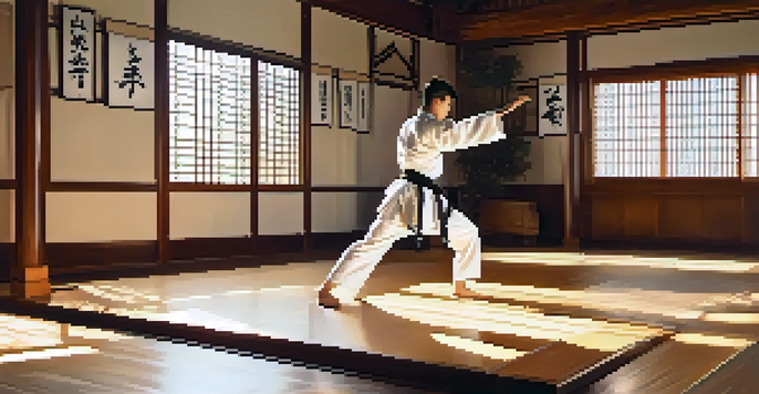 A martial artist in a white gi practicing a high kick in a serene dojo filled with sunlight and traditional symbols.