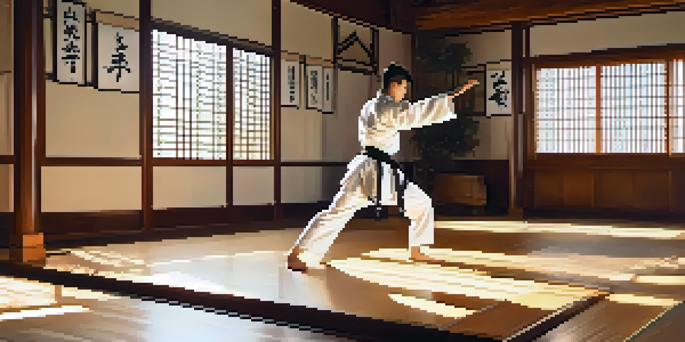 A martial artist in a white gi practicing a high kick in a serene dojo filled with sunlight and traditional symbols.