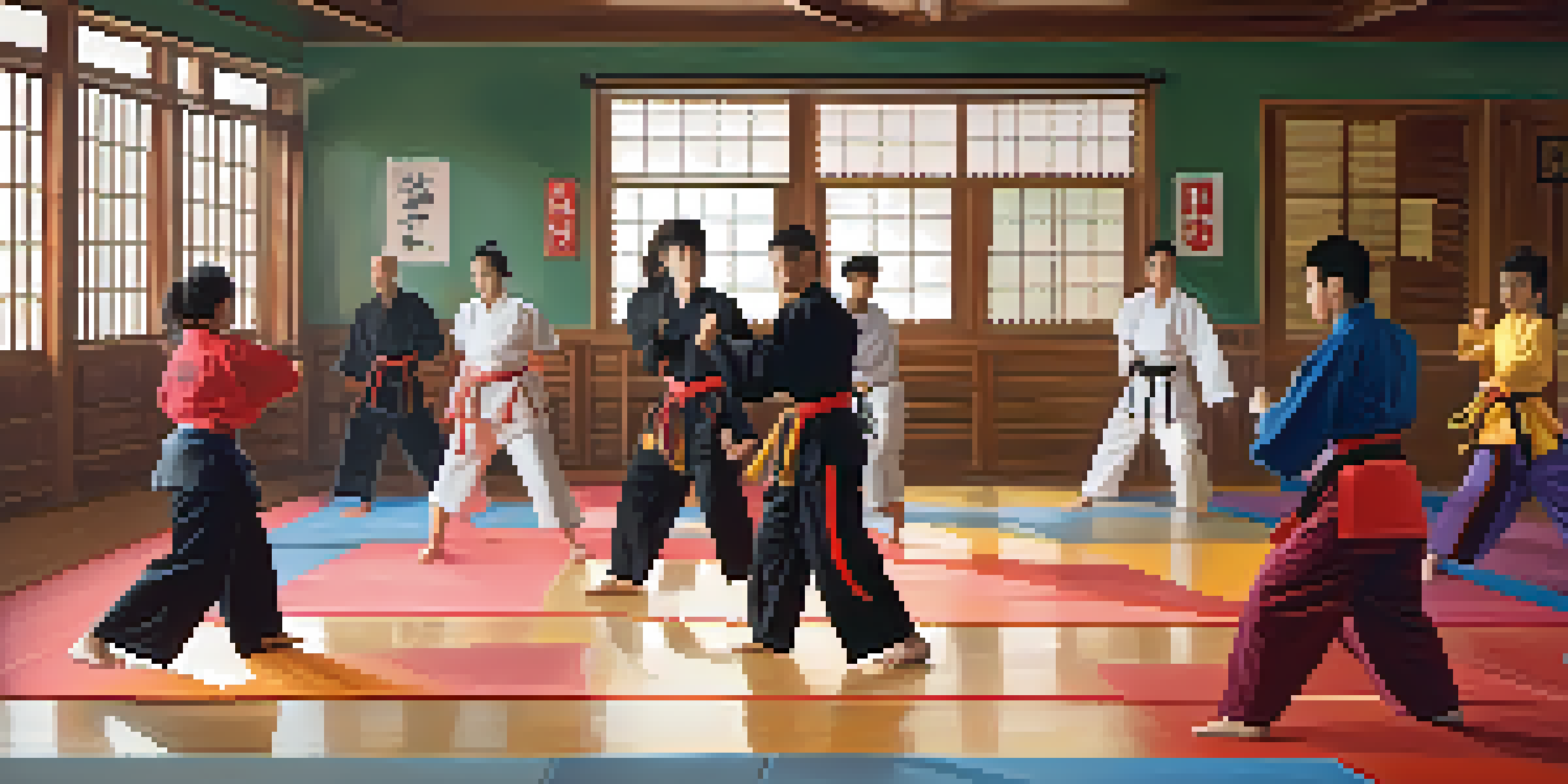A diverse group of martial arts students training in a dojo, showcasing various styles and backgrounds.