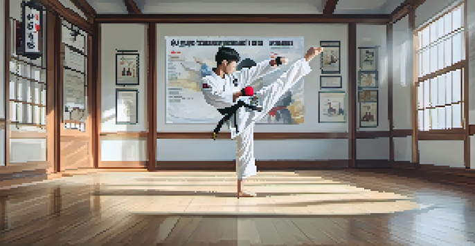 An interior view of a Taekwondo dojo with a practitioner executing a kick.