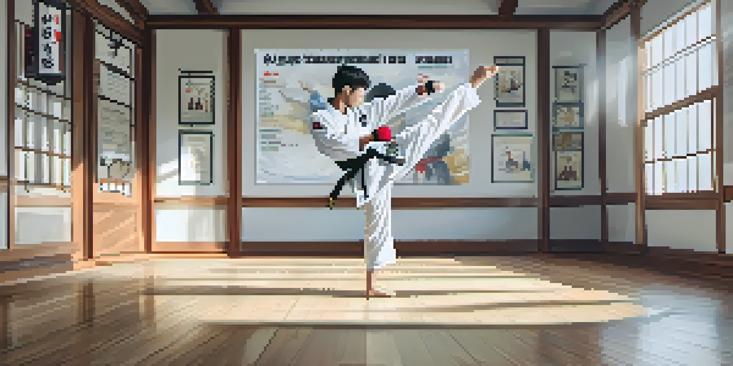 An interior view of a Taekwondo dojo with a practitioner executing a kick.