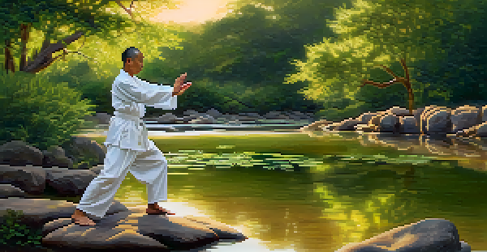 A person practicing Tai Chi in a peaceful outdoor setting, surrounded by nature during sunset.