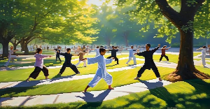 A diverse group of individuals practicing tai chi in a sunny park, surrounded by greenery and flowers.