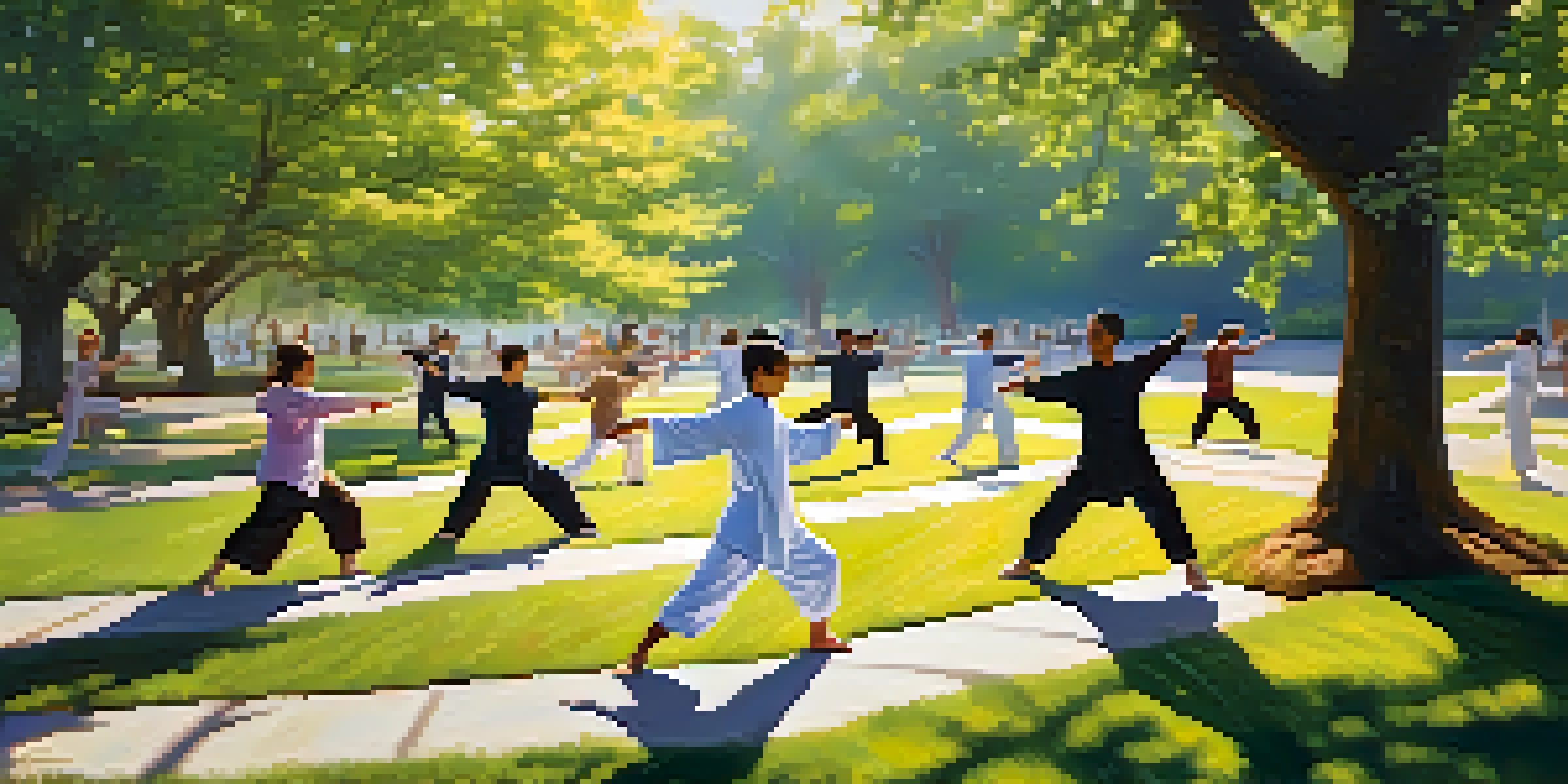 A diverse group of individuals practicing tai chi in a sunny park, surrounded by greenery and flowers.