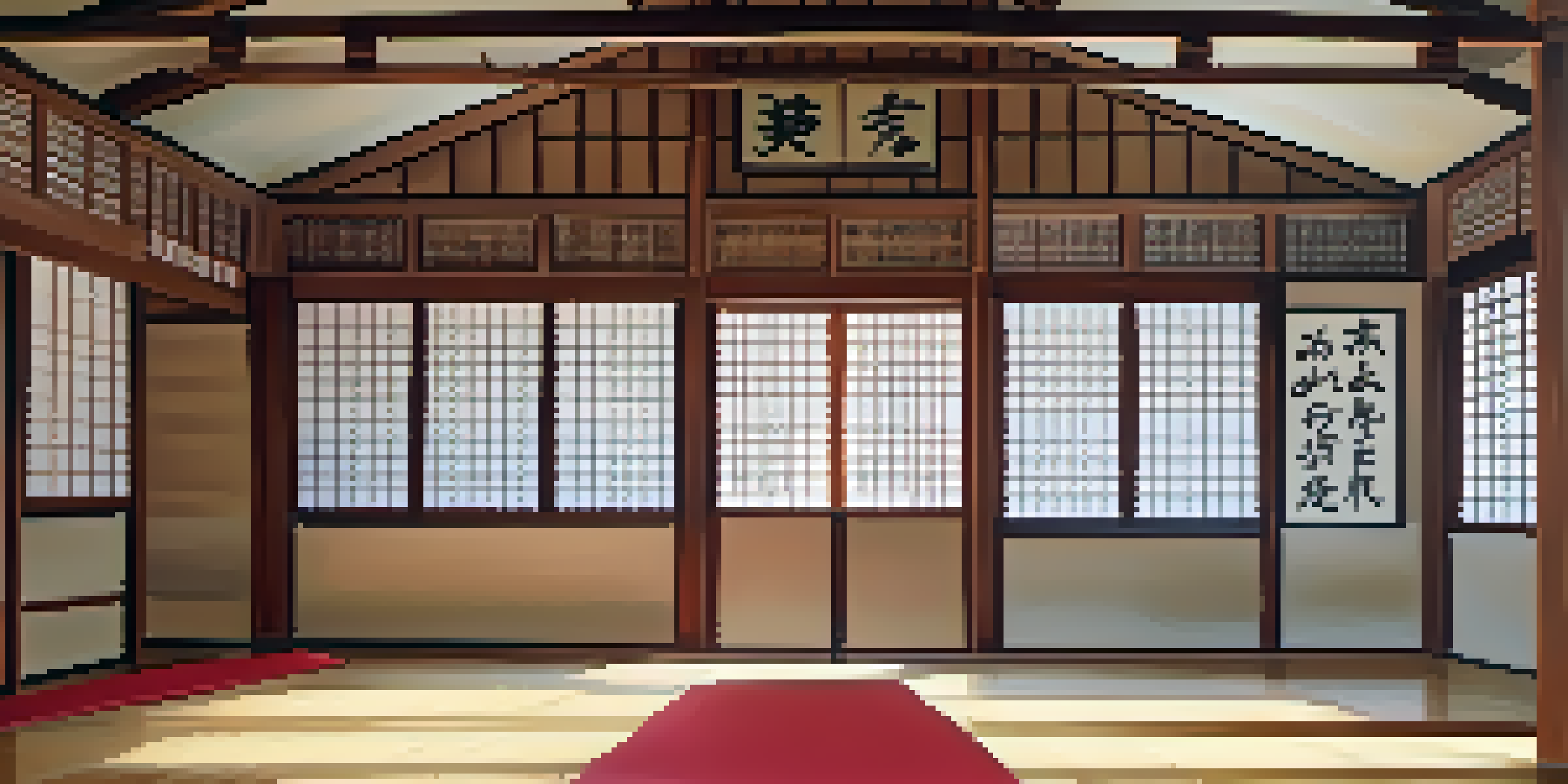 Interior of a martial arts dojo with wooden floors, traditional mats, and walls decorated with calligraphy and photos, illuminated by soft morning light.
