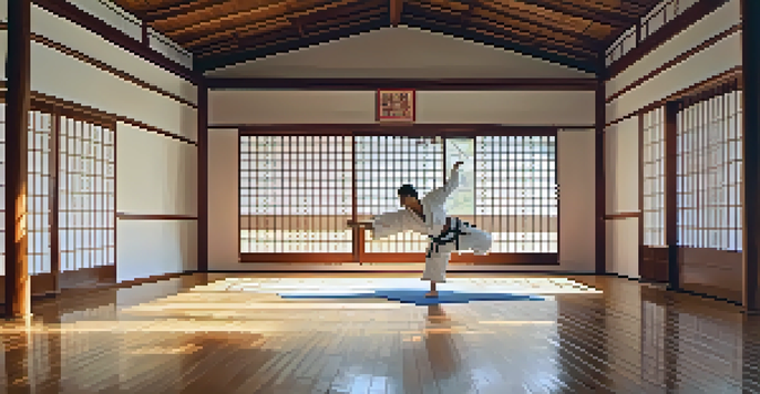 A martial arts practitioner performing a high kick in a bright and serene dojo with wooden flooring.