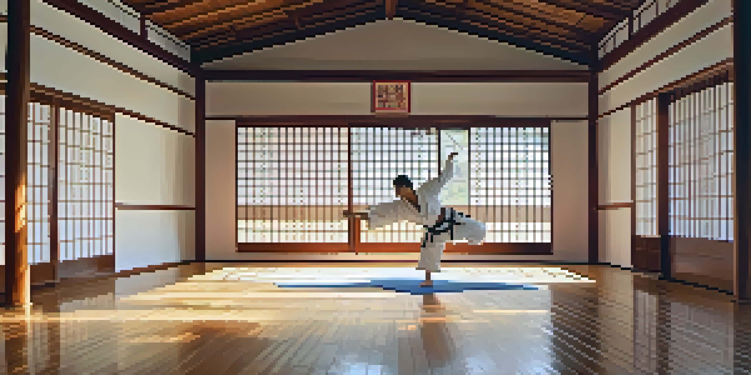 A martial arts practitioner performing a high kick in a bright and serene dojo with wooden flooring.