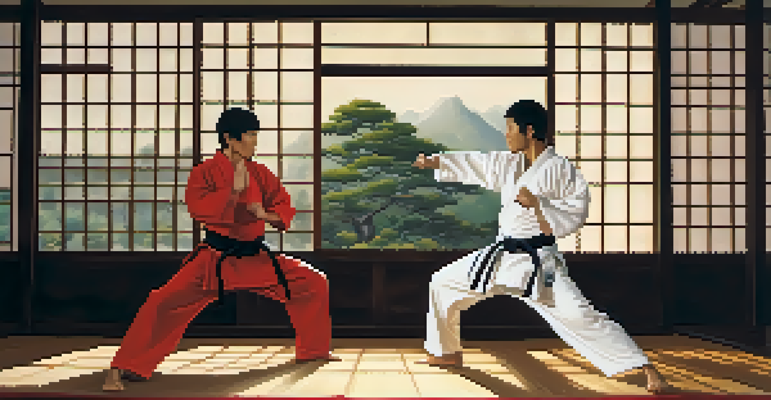 Two martial artists practicing in a traditional dojo with wooden floors and tatami mats, focusing on control and awareness.