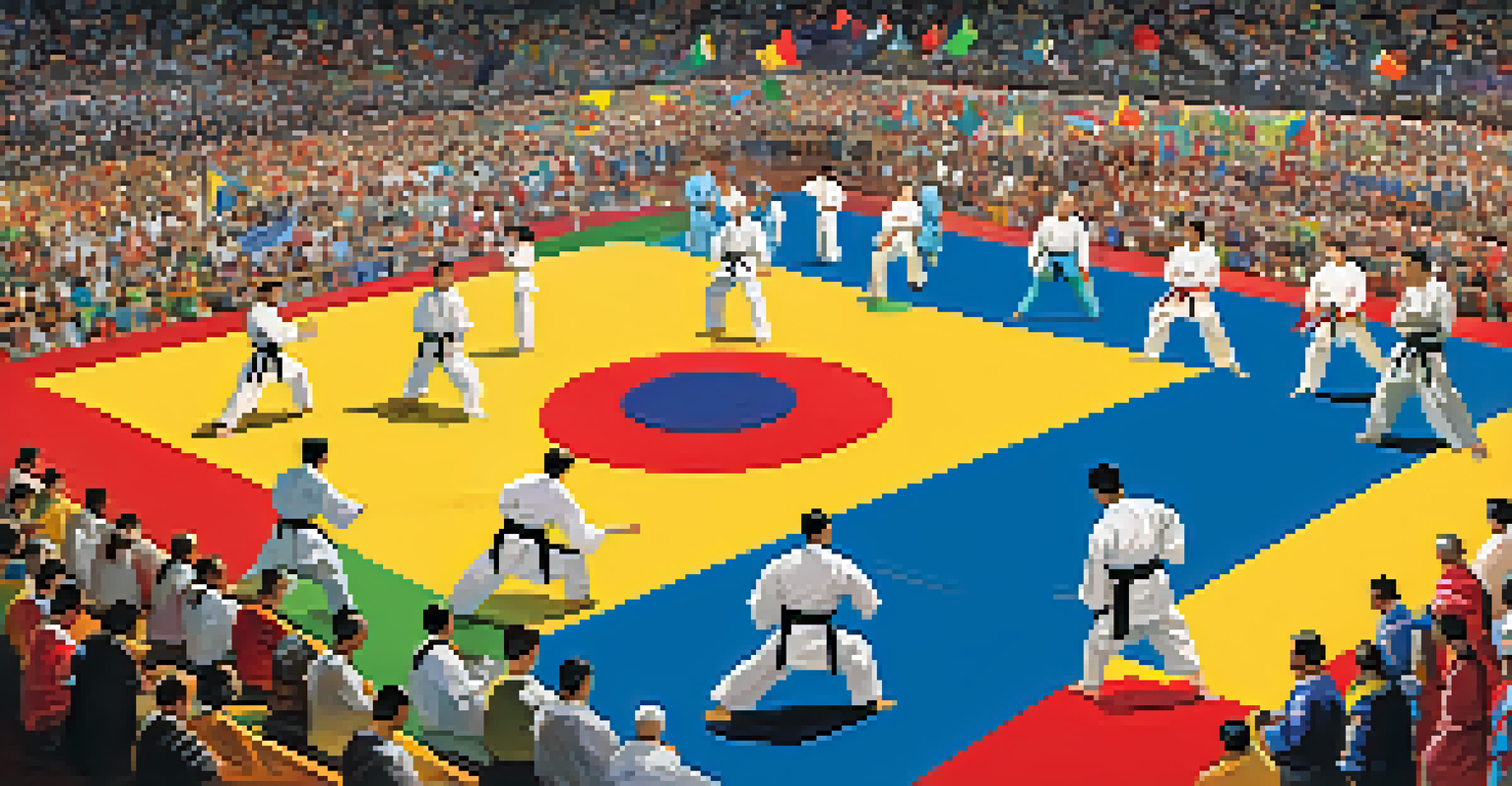 A lively international martial arts tournament with athletes competing and colorful flags representing various countries.