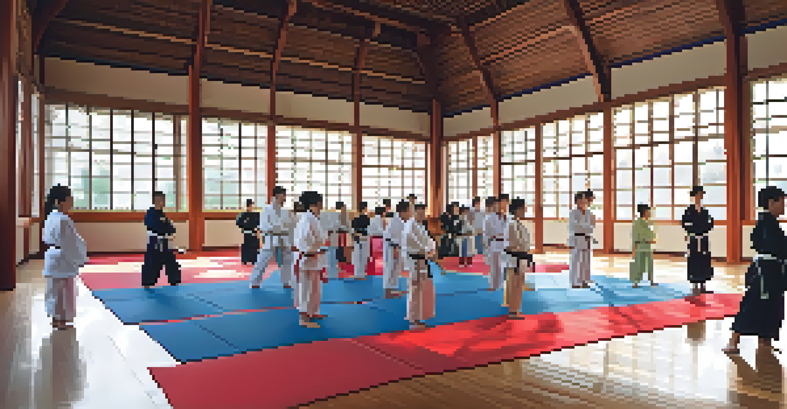 A lively martial arts dojo with practitioners of different ages and backgrounds training together, reflecting community and support.