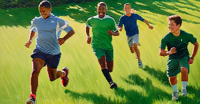 A diverse group of athletes enjoying friendly competition on a sunny grassy field, showcasing their joyful expressions and colorful sportswear.