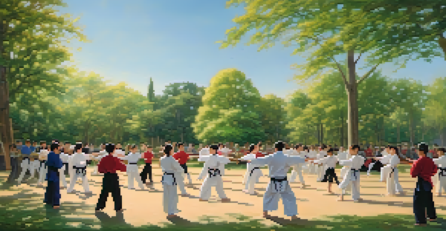 A lively martial arts class outdoors with students practicing in a sunny park.