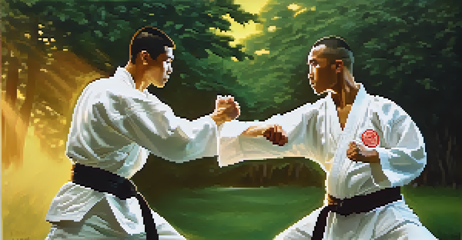 Two martial artists sparring outdoors with greenery in the background, captured during sunset.