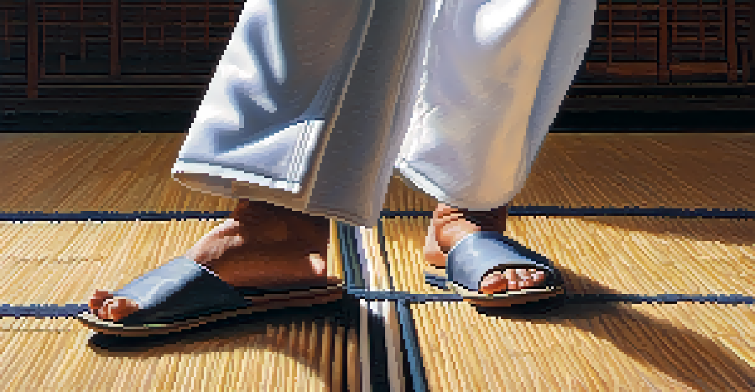A close-up of martial arts shoes on a tatami mat during a stretching exercise.