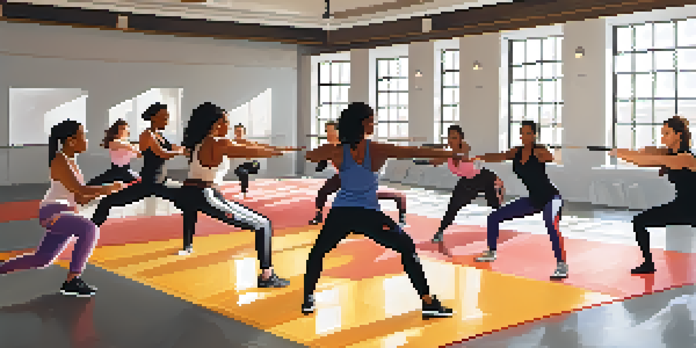 A diverse group of women in a self-defense class, practicing techniques in a bright gym environment with supportive instructor.