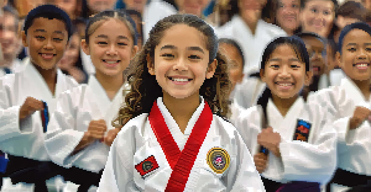 A young girl proudly holding her martial arts certificate after passing her belt test.