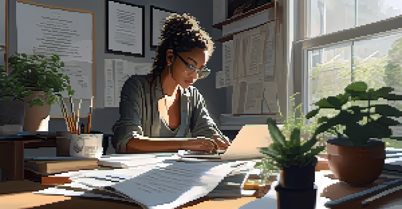 A focused professional working at a desk with a laptop and notes, bathed in soft natural light, conveying a sense of productivity.