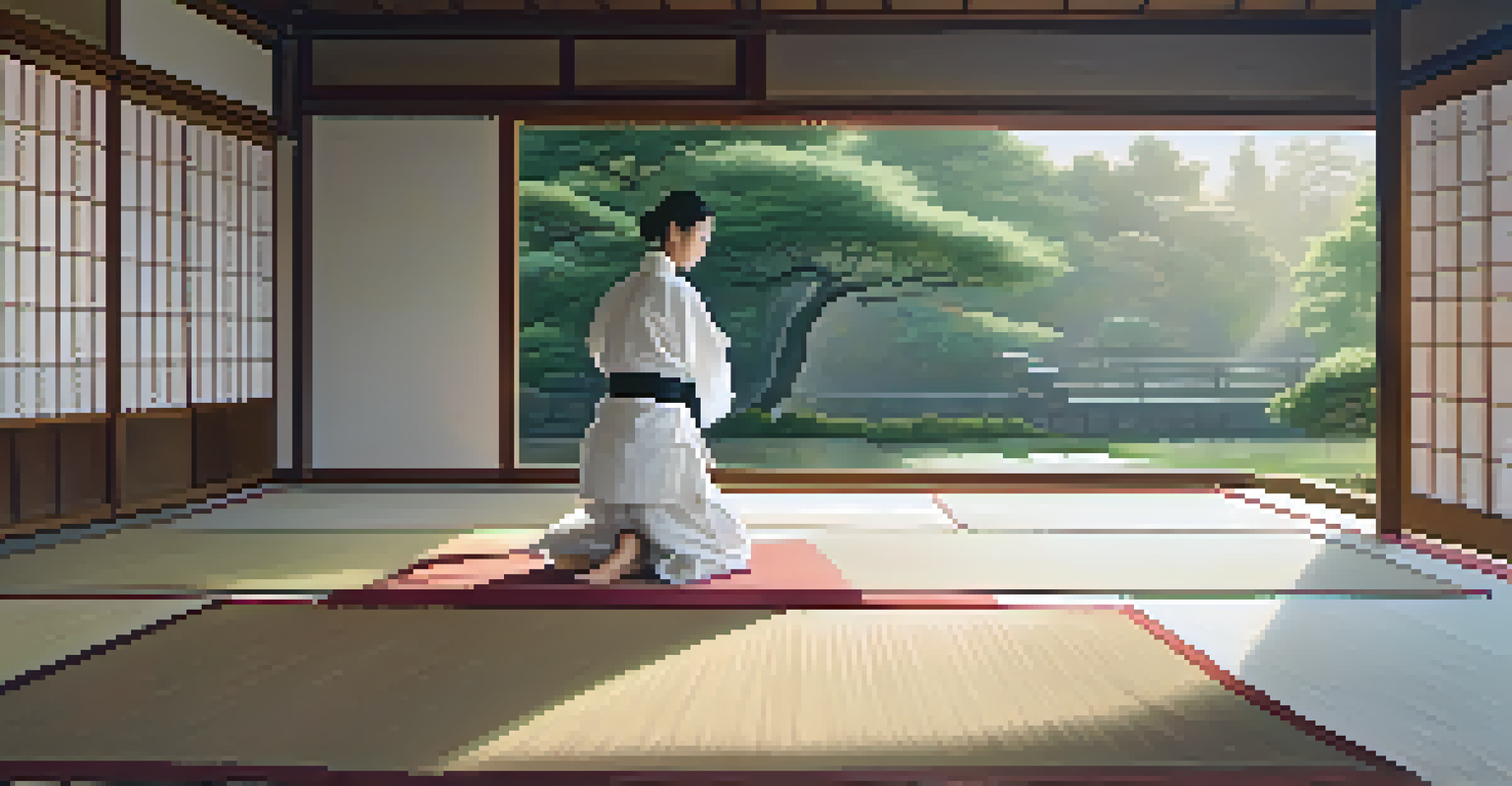 A peaceful martial arts dojo with a practitioner in a white gi performing kata in soft morning light.