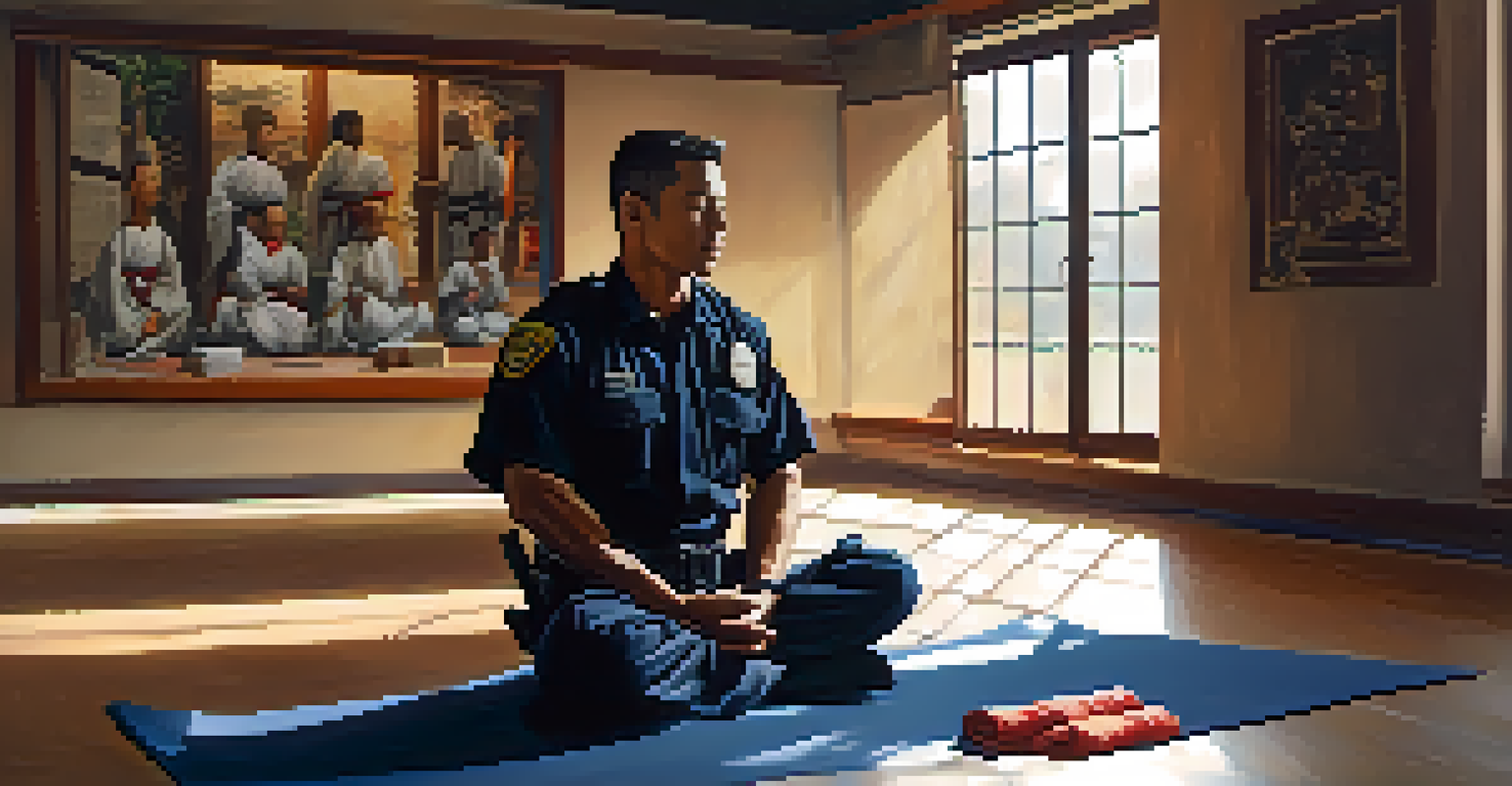 A police officer meditating in a martial arts studio, surrounded by memorabilia and soft natural light.