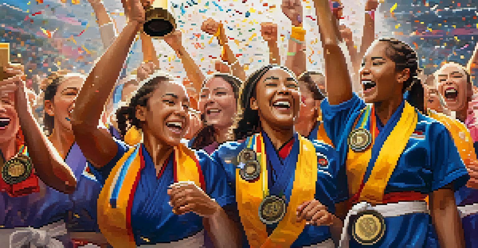A group of diverse female athletes celebrating with trophies and medals after a martial arts competition, surrounded by confetti and a cheering crowd.