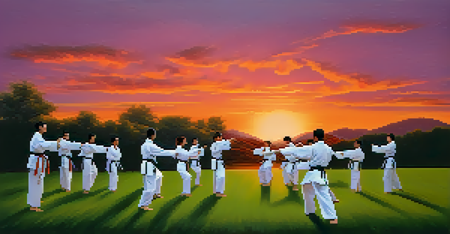 A group of martial artists training outdoors at sunset, with synchronized movements silhouetted against a colorful sky.