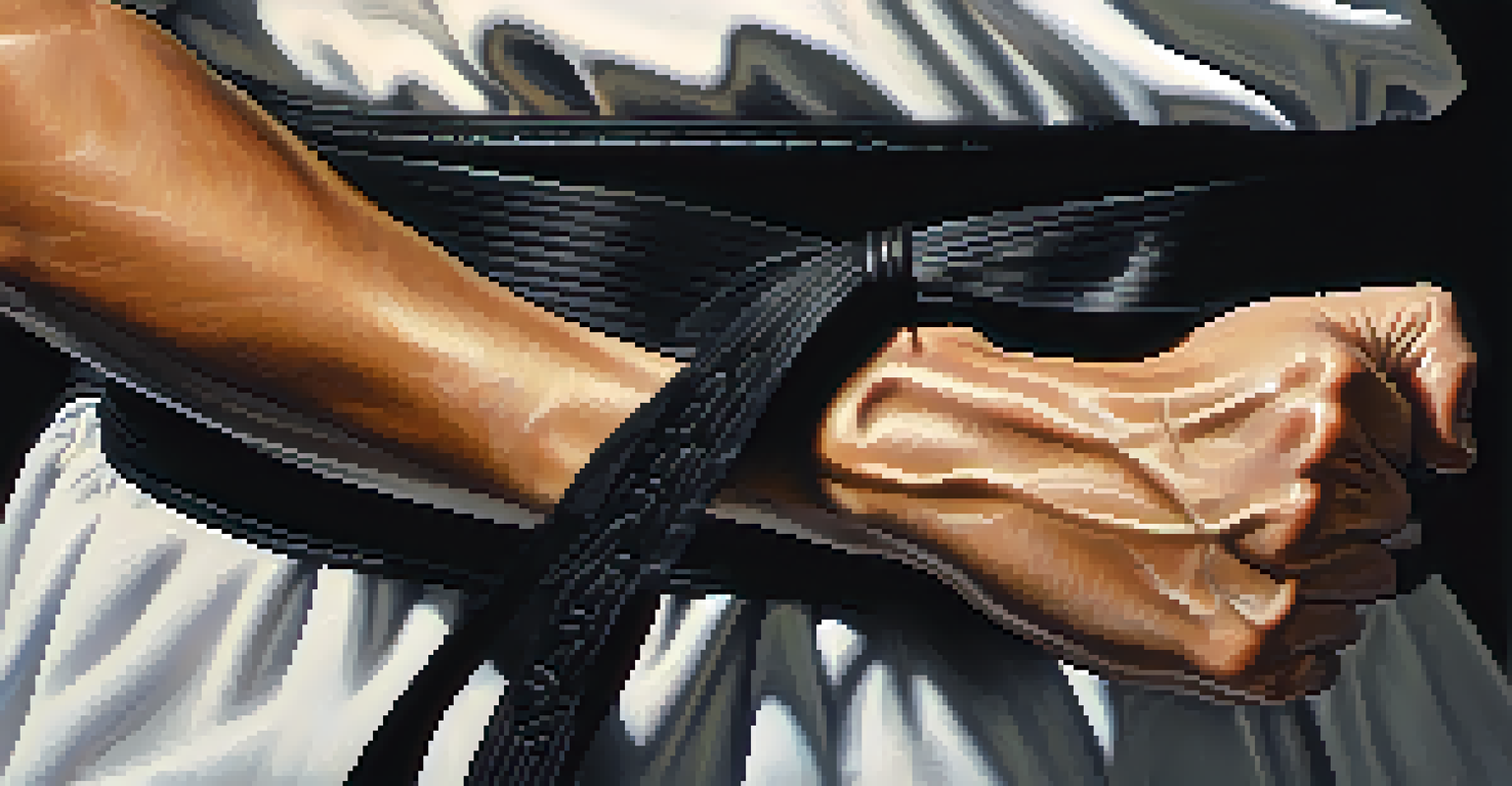 A close-up of a martial artist's hand gripping a black belt, highlighting discipline and commitment.