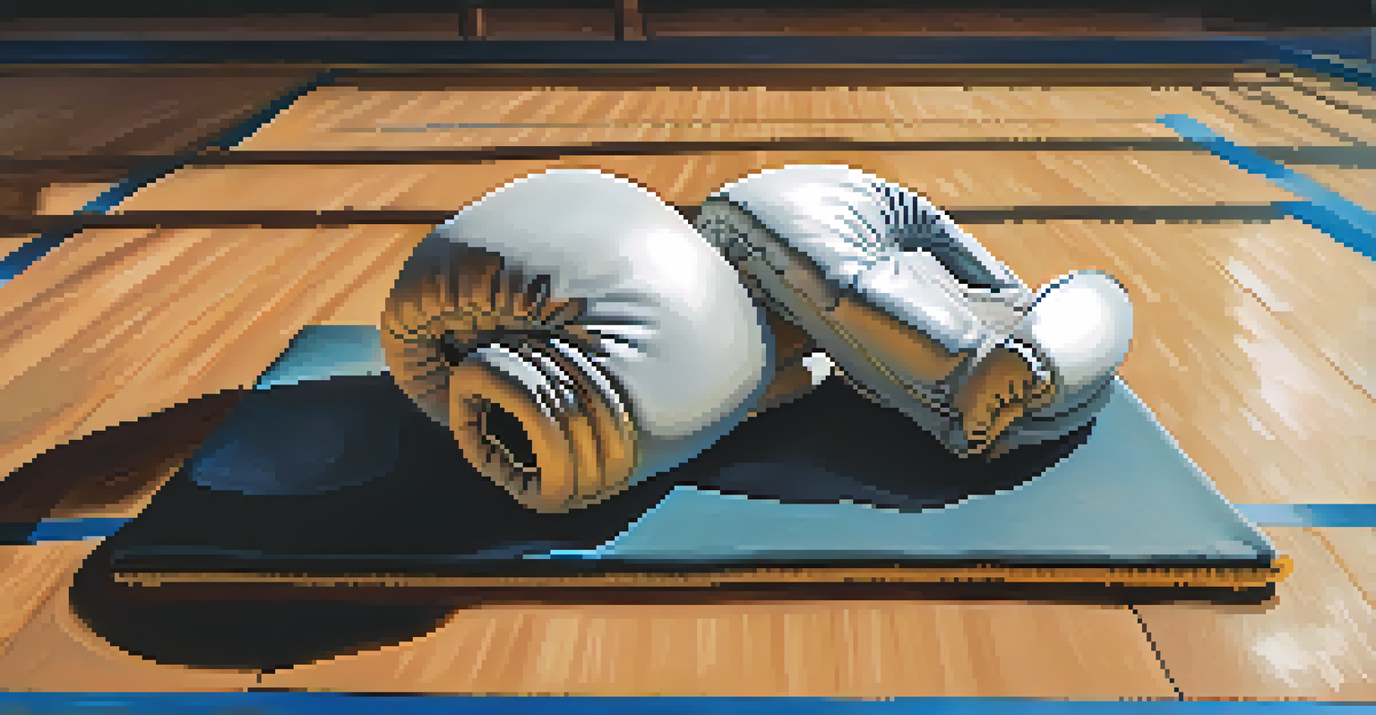 A close-up view of worn martial arts gloves on a training mat, with motivational posters in the background about self-defense and mental resilience.