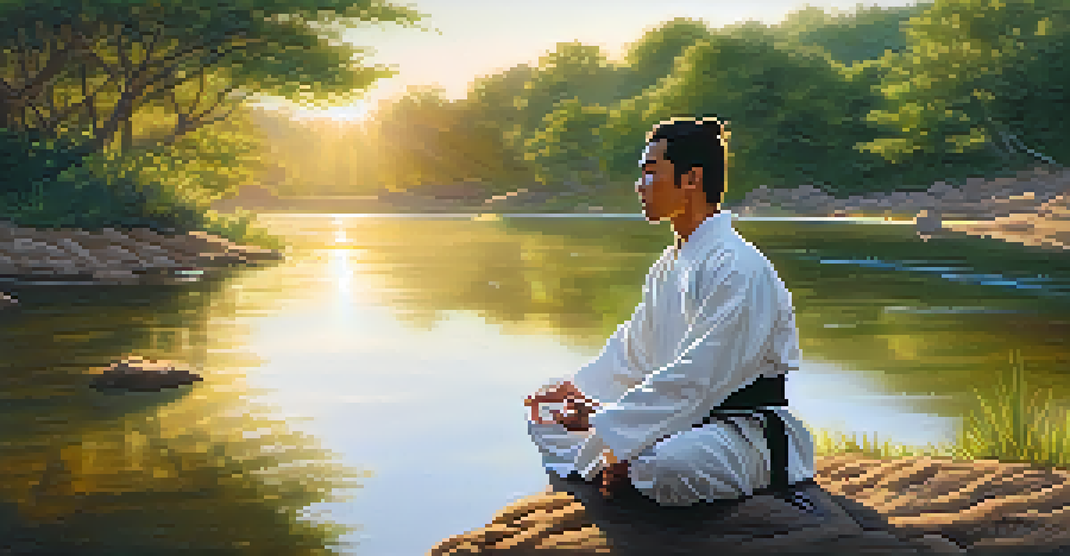 A martial artist meditating outdoors in a peaceful setting with greenery and a stream, illuminated by golden hour light.