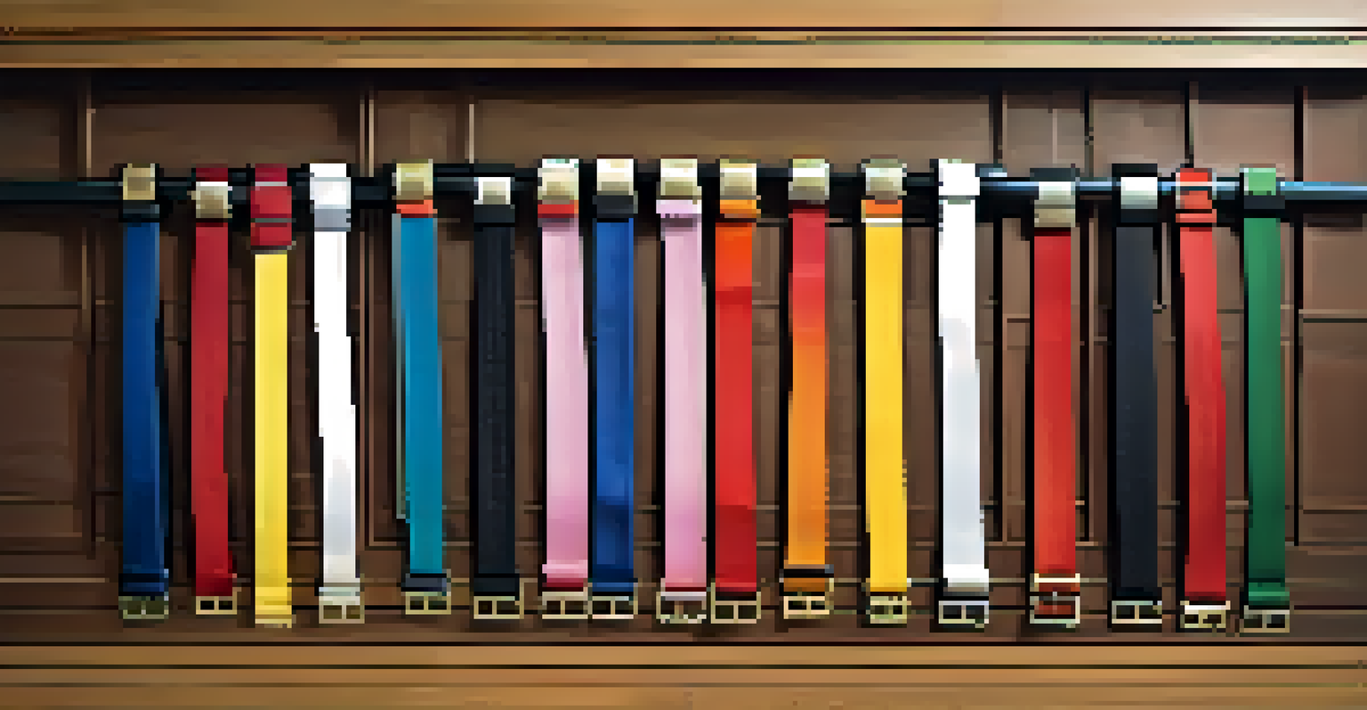 A close-up of a martial arts belt rack showcasing various colored belts.