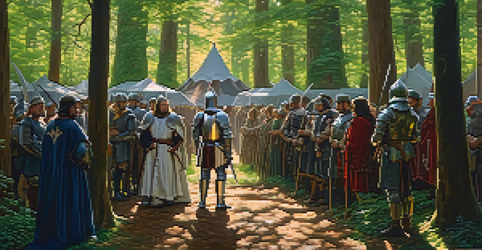 A medieval knight in armor holding a broadsword in a forest, with sunlight filtering through the trees and spectators in the background.