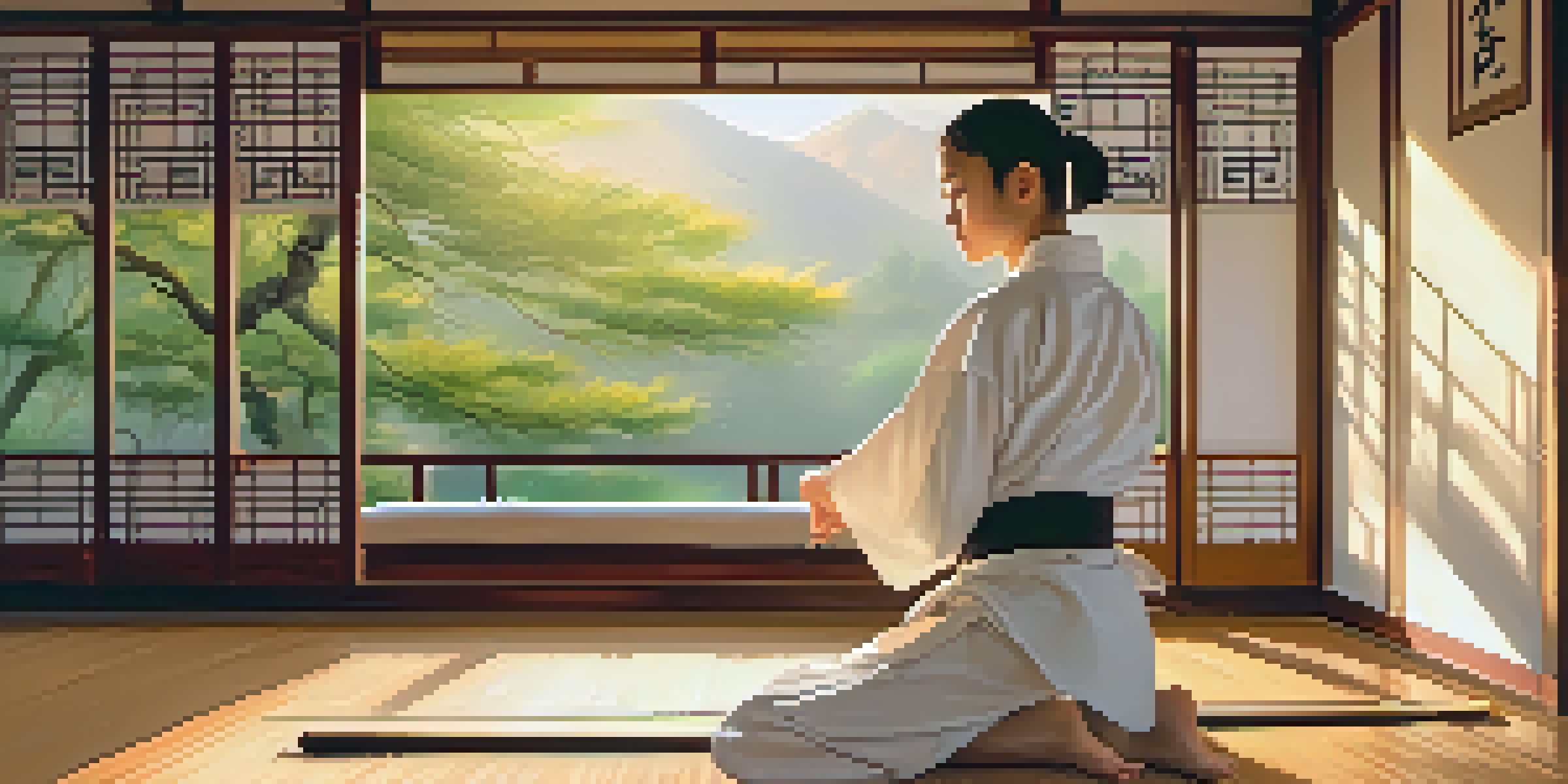 A peaceful martial arts dojo with a student practicing kata in a white gi, illuminated by morning sunlight, surrounded by bamboo and calligraphy.