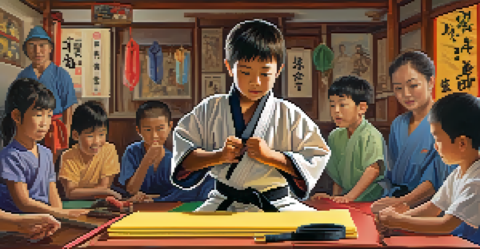 A child tying a martial arts belt with family members in the background, celebrating a moment of achievement.