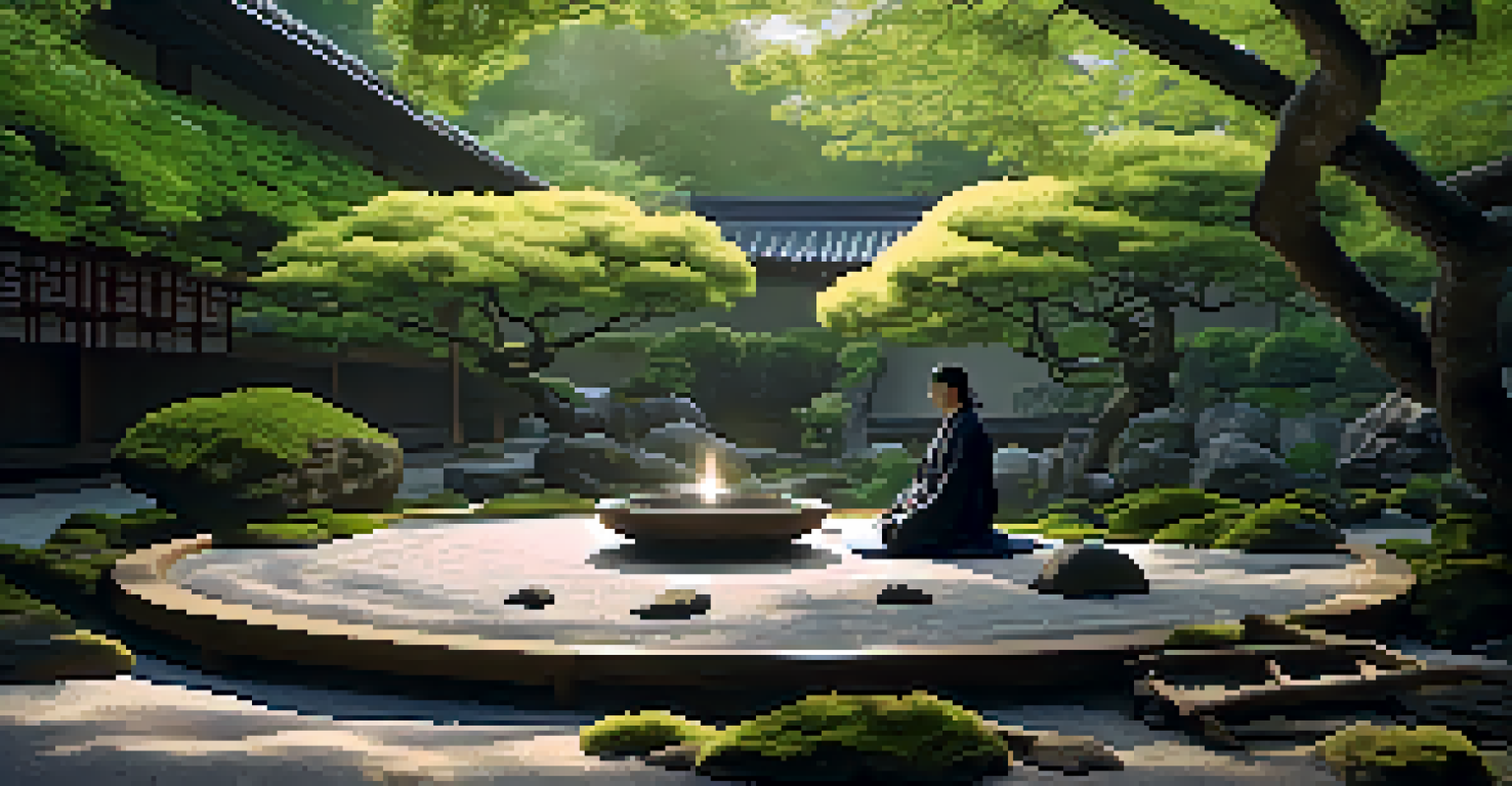 A Zen garden with a Samurai in meditation, surrounded by raked gravel and lush greenery.