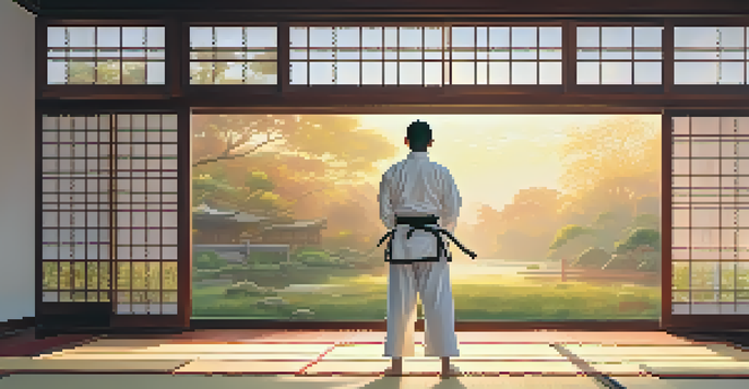 A peaceful martial arts dojo with a practitioner in a white gi practicing deep breathing, surrounded by warm morning light and traditional decorations.