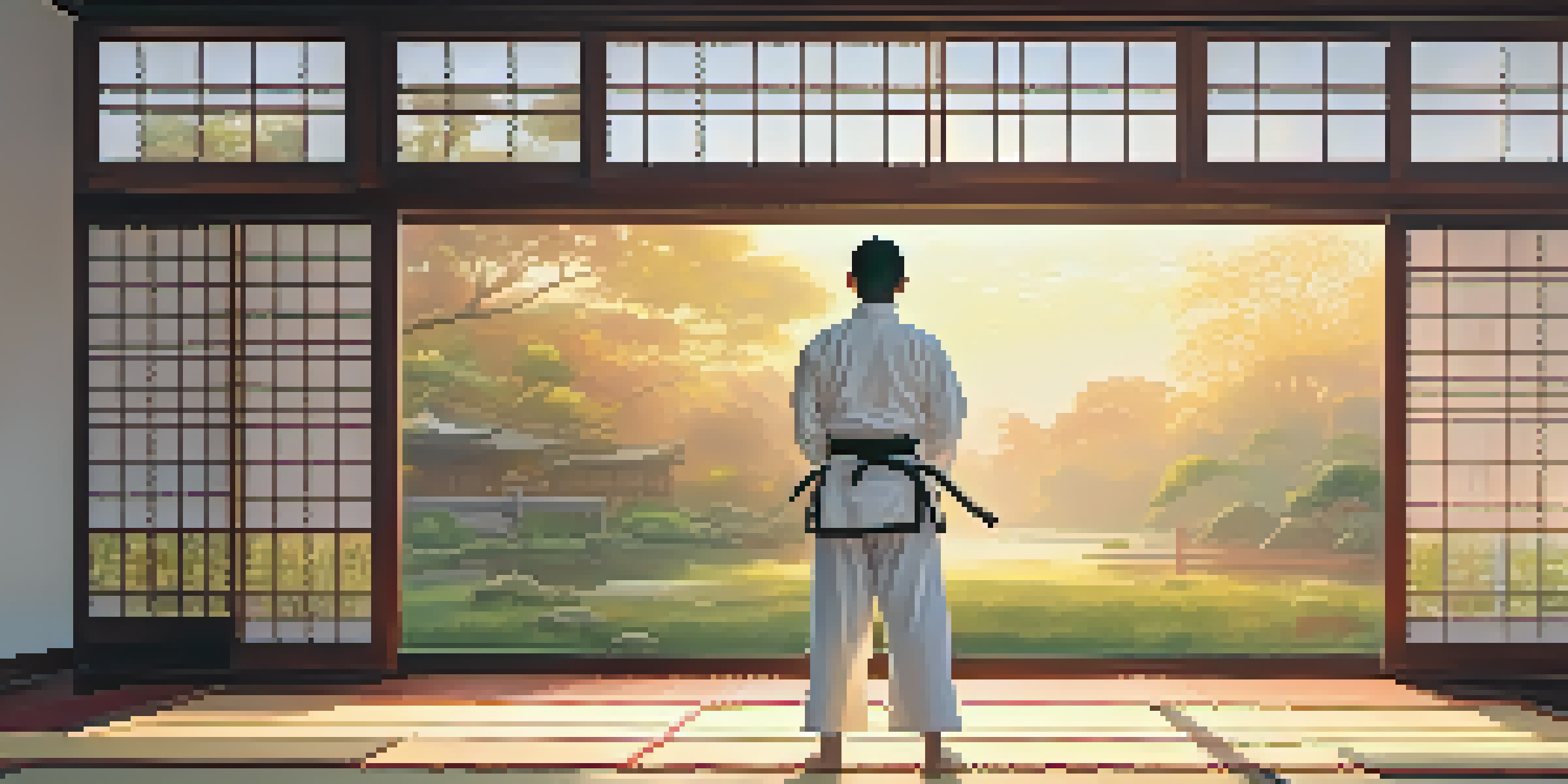 A peaceful martial arts dojo with a practitioner in a white gi practicing deep breathing, surrounded by warm morning light and traditional decorations.