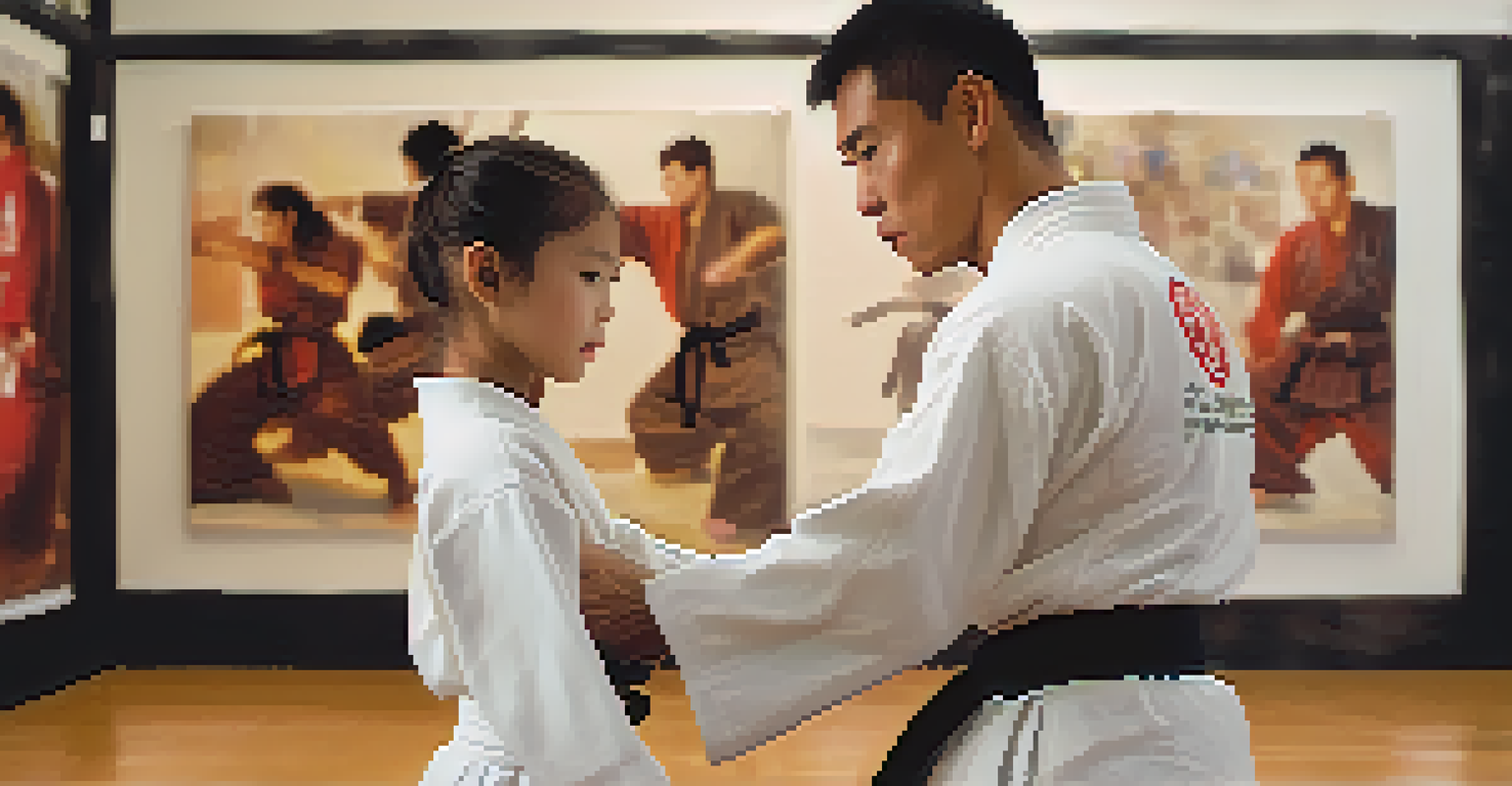 A martial arts instructor guiding a student with a calm expression, emphasizing respect and connection.