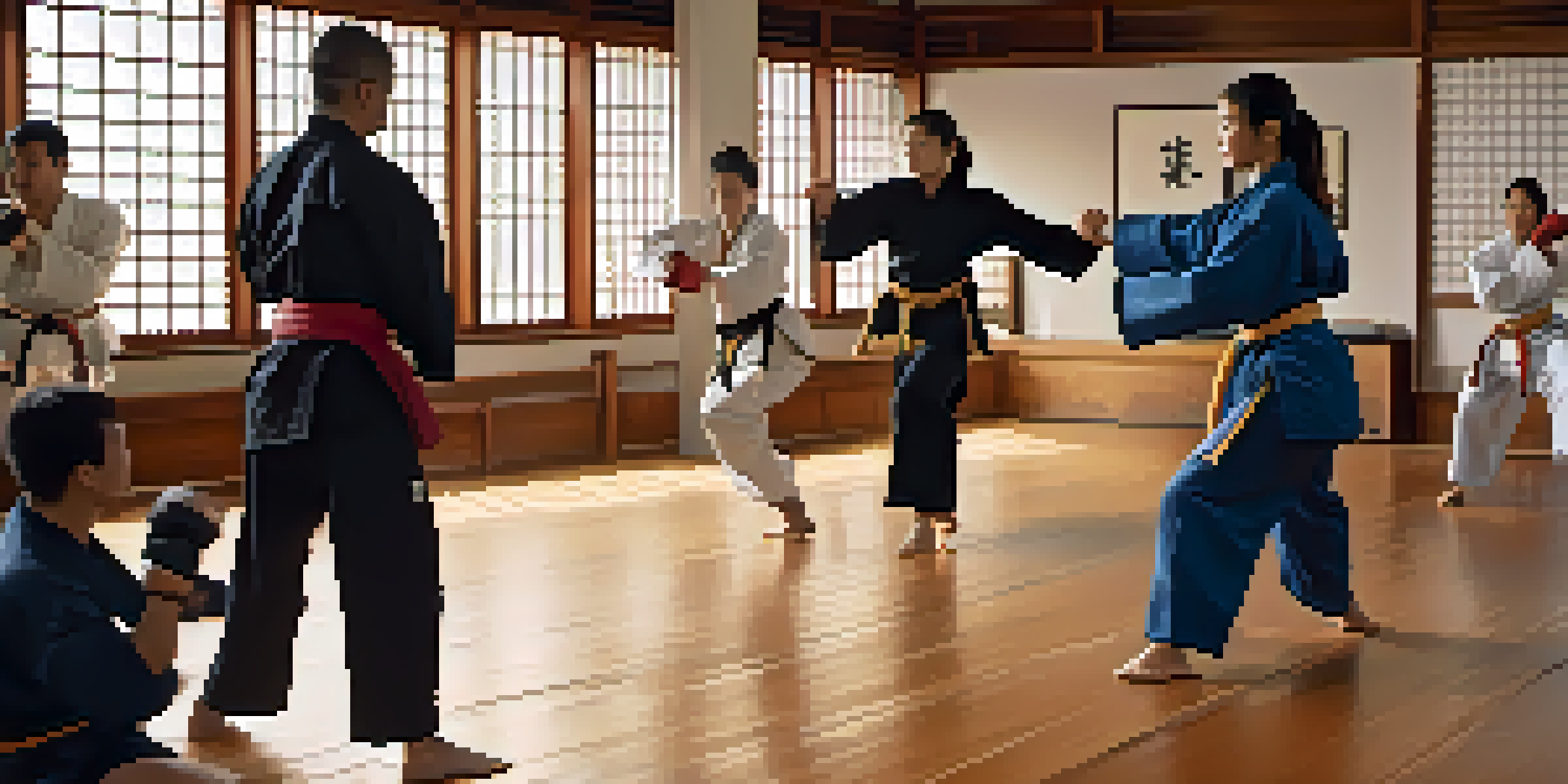 A dojo with individuals practicing martial arts, focusing on a woman performing a front kick and a partner demonstrating a block.