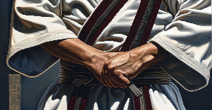 A close-up of a martial artist tying their belt, focusing on the fabric textures.