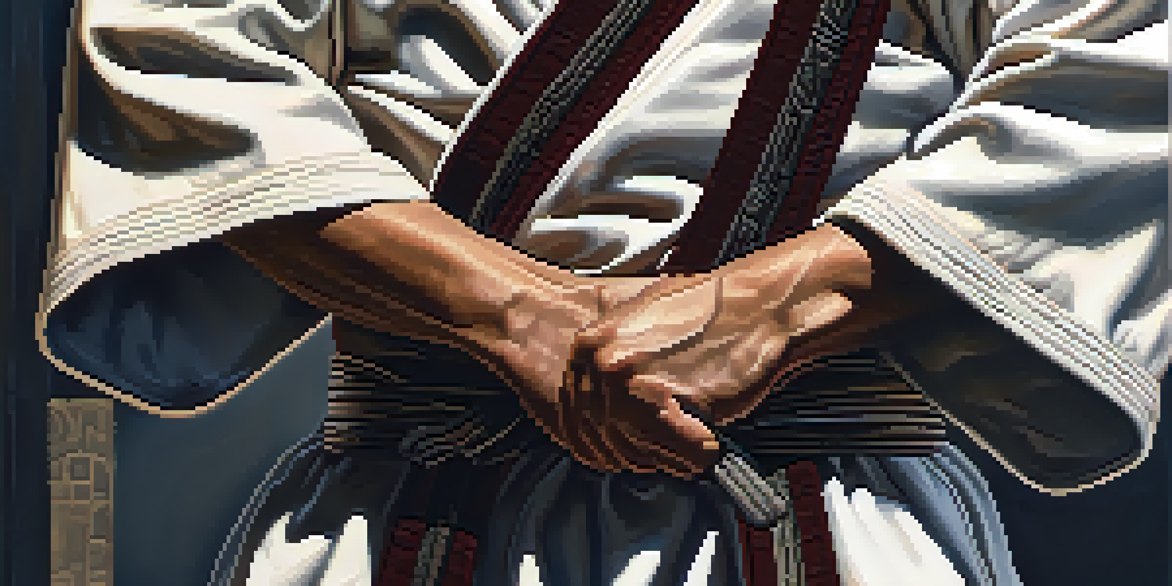 A close-up of a martial artist tying their belt, focusing on the fabric textures.