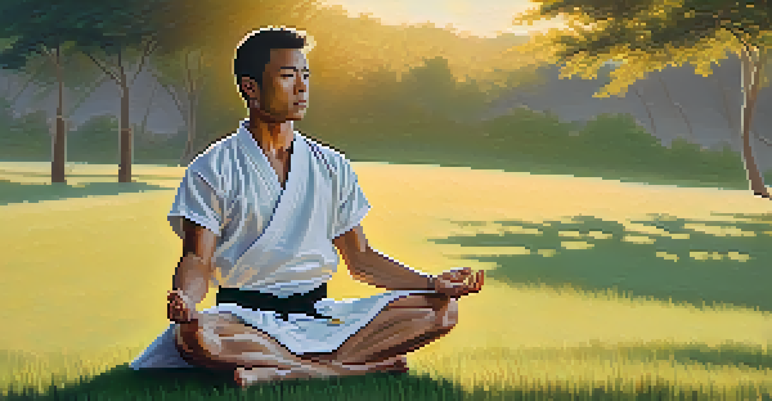 A martial artist meditating outdoors at sunset, showing a serene and focused expression.