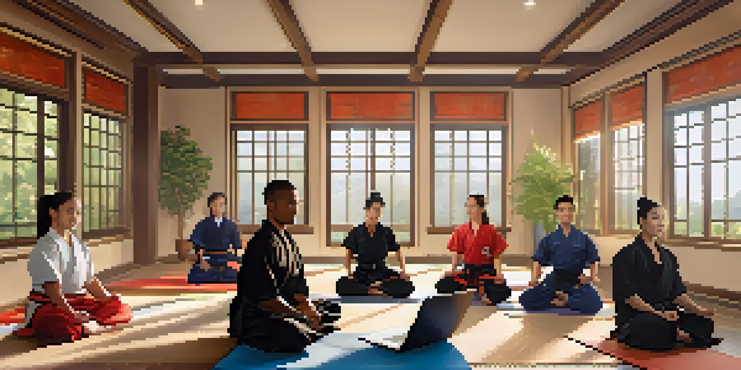 Diverse martial arts students training at home, interacting via a laptop in a well-lit living room, showing camaraderie and motivation.