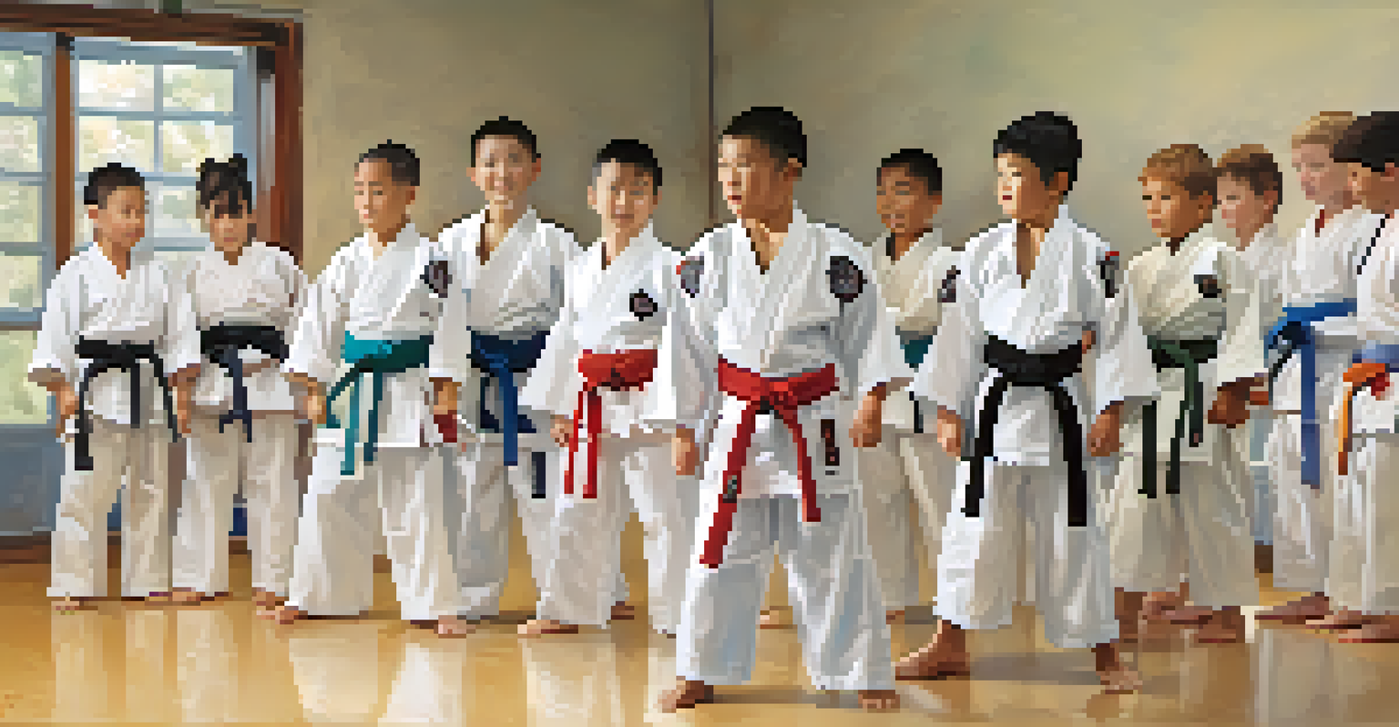 Diverse young martial arts students sparring in a dojo, showing teamwork and joy, with colorful belts indicating their levels.