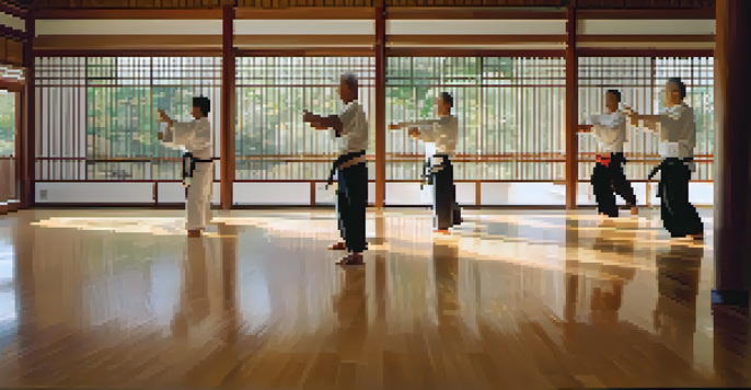 An indoor dojo where older adults are practicing Tai Chi, bathed in soft morning light with wooden flooring and traditional decorations.