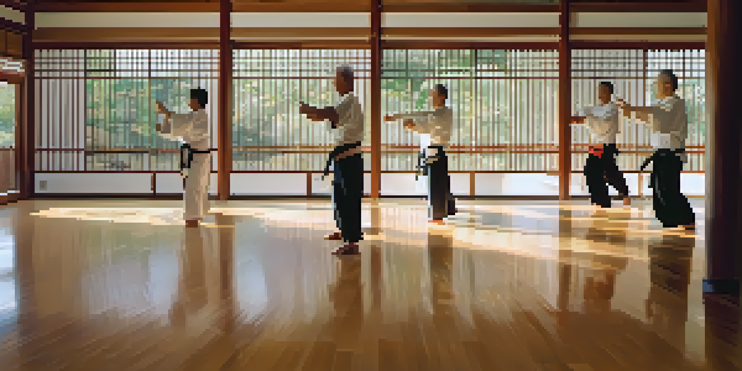 An indoor dojo where older adults are practicing Tai Chi, bathed in soft morning light with wooden flooring and traditional decorations.
