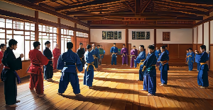 A colorful dojo with diverse martial arts practitioners training together, depicting a sense of community and inclusivity.