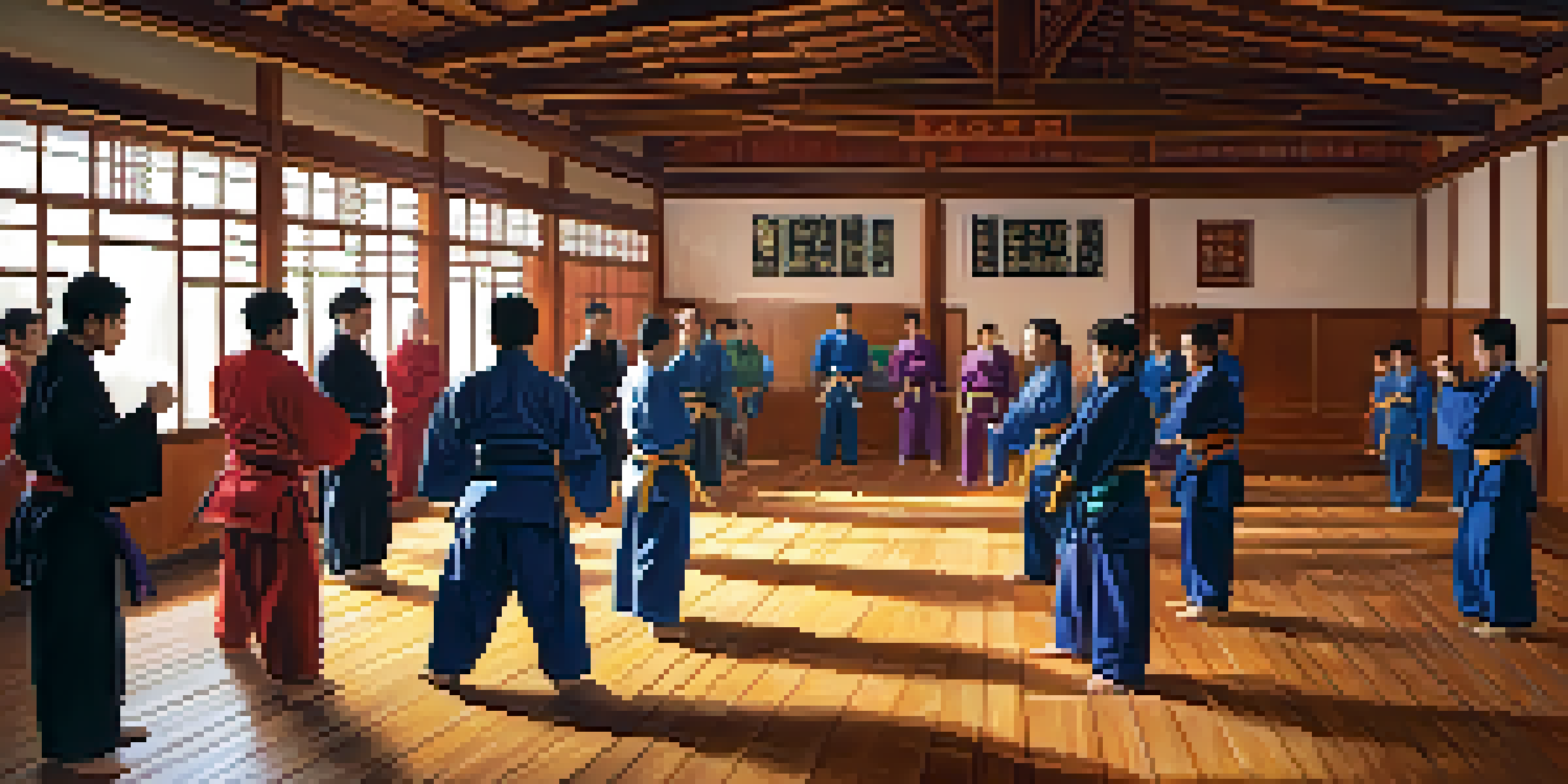 A colorful dojo with diverse martial arts practitioners training together, depicting a sense of community and inclusivity.