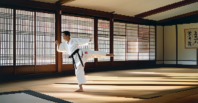 A karate practitioner in a white gi executing a high front kick in a well-lit dojo with wooden floors and traditional wall decor.