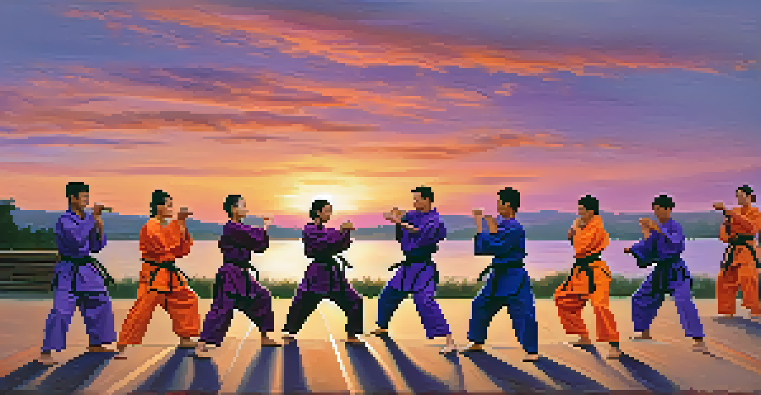 A group of martial artists in colorful uniforms practicing together outdoors at sunset, with a lake in the background.
